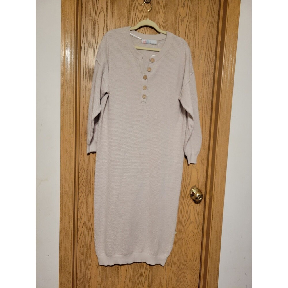FP Beach Beige Waffle Knit Button Henley Midi Sweater Dress Balloon Sleeve S